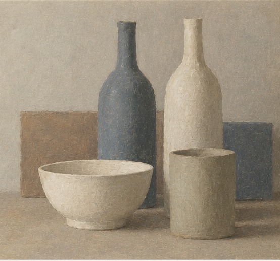 落ち着いた色調の器と瓶の静物画